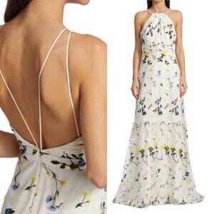 Monique Lhuillier Floral Embroidered Maxi Dress Ivory White Size 4‎ NWT